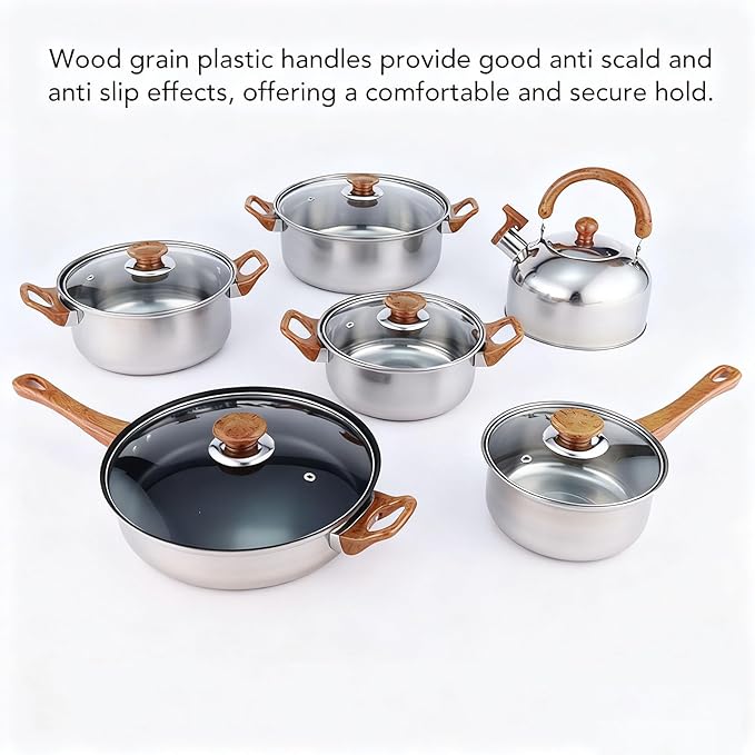 Yosoo 3 Stainless Steel Pots Set Imitation Wood Handles Cookware Kitchen Supplies for Induction Cooktops and Gas Stoves