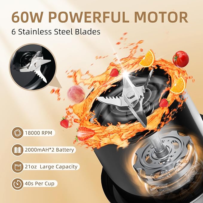 Personal Blender for Shakes and Smoothies with 6 Blades 21oz(600ml) Personal Size Juicer USB-C Rechargeable with Straw Brush&ampLid for Home Gym Travel Kitchen (Black)