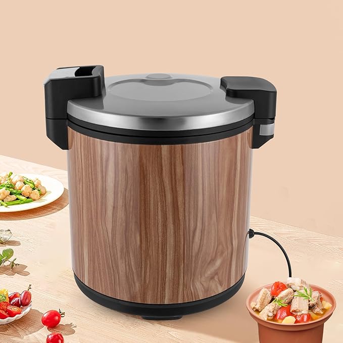 6-Gal Electric Rice Warmer Food Warmer with Rice Spoon - Stainless Steel &amp Aluminum Alloy Construction Dual Temp Settings Wood Grain Design Rice Cooker - Easy Clean &amp One-Touch Operation