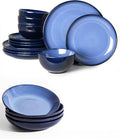 16 Piece Double Bowl Dinnerware Sets for 4-Modern Blue Stoneware Dinnerware Set-Scratch Resistant Dishwasher Safe Plates and Bowls Sets Ceramic Dish Set Bowl and Plate Set
