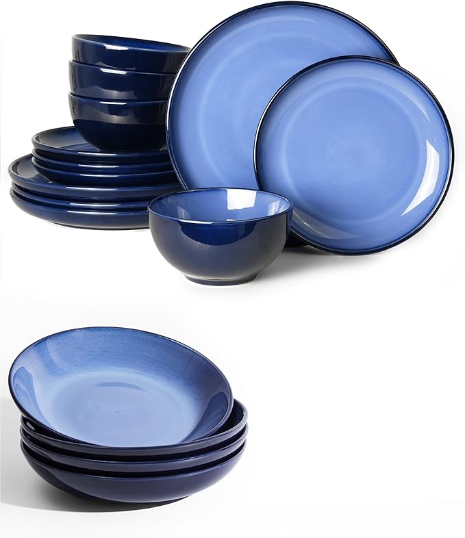 16 Piece Double Bowl Dinnerware Sets for 4-Modern Blue Stoneware Dinnerware Set-Scratch Resistant Dishwasher Safe Plates and Bowls Sets Ceramic Dish Set Bowl and Plate Set