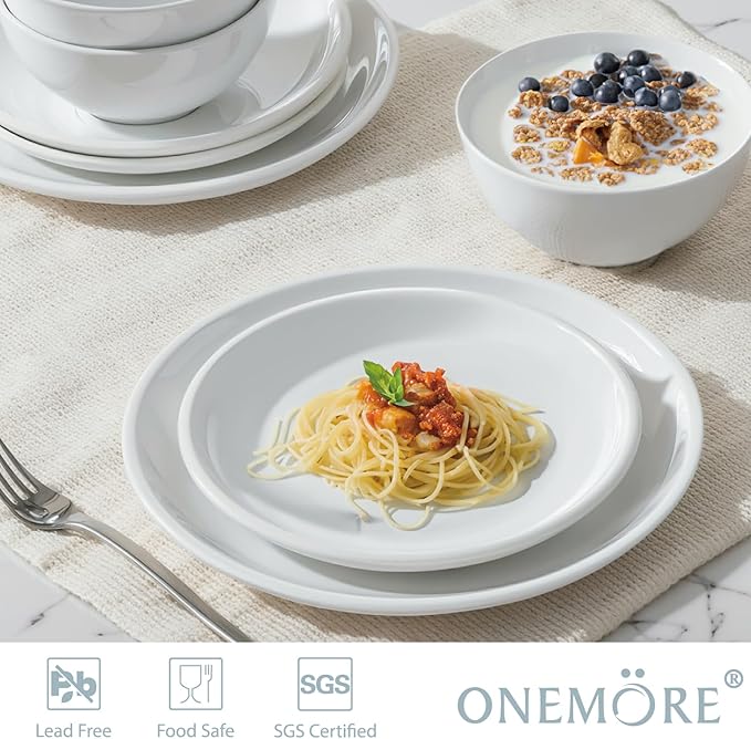 ONEMORE Plates and Bowls Set for 4 - Microwave &amp Dishwasher Safe Porcelain Dinnerware Set Service for 4 - Ceramic Dishes Set(12 Pcs) - White