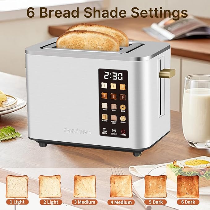 2-Slice Toaster with Touch Control 6 Shade Settings &amp 6 Bread Type 900W Removable Crumb Tray Countdown Display Smart Stainless Steel Design Silver