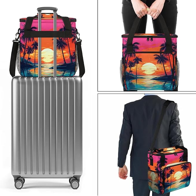 Coconut Tree Sunset Coffee Maker Travel Bag for Keurig K-Mini/K-Mini Plus Insulated Waterproof Tote with Pockets for K-Cup Portable Single-Serve Brewer Case