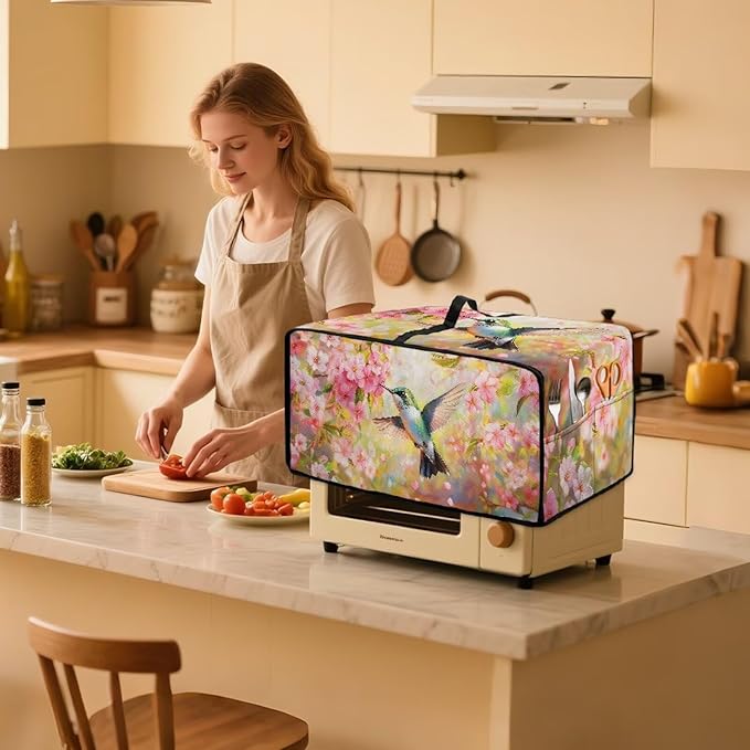 Toaster Oven Cover Heat-Resistant Dust-proof Air Fryer Protective Covers with Organizing Side Pockets to Hold Jam Spreader Knife &amp Toast Machine Tongs Cute Hummingbird