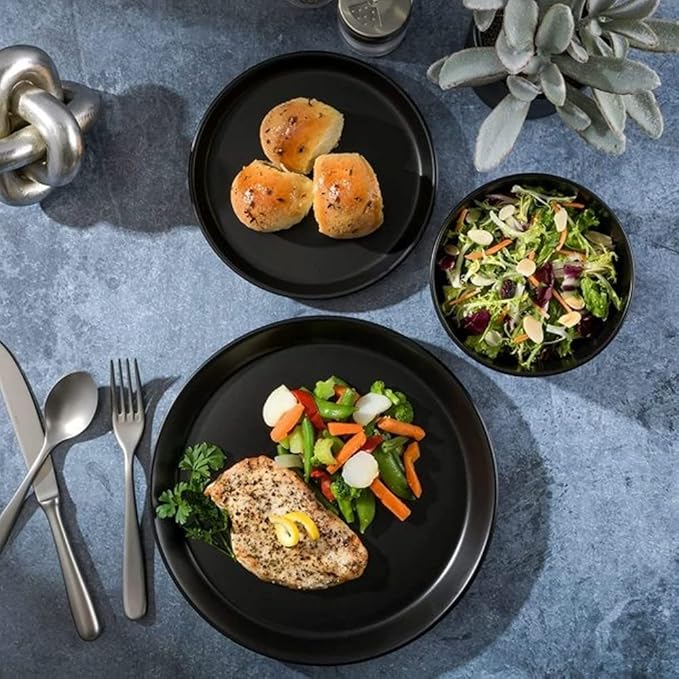 Stackable Design 12 Piece Elegant Stoneware Dinnerware Set For 4 Matte Glaze Finish | Unique Lipped Rim Design On Plates Microwave &amp Dishwasher Safe | Modern Luxury Appearance Matte Black Shade