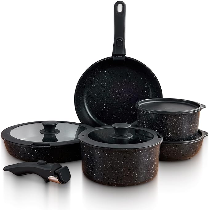 GOURMETIFIC® Pots and Pans Cookware Set [11 PIECES] - Non Toxic Ceramic Coated Cooking Ware - Induction Gas &amp Oven Kitchenware - Non Stick Pot &amp Pan with Removable Handles &amp Stackable (Bl