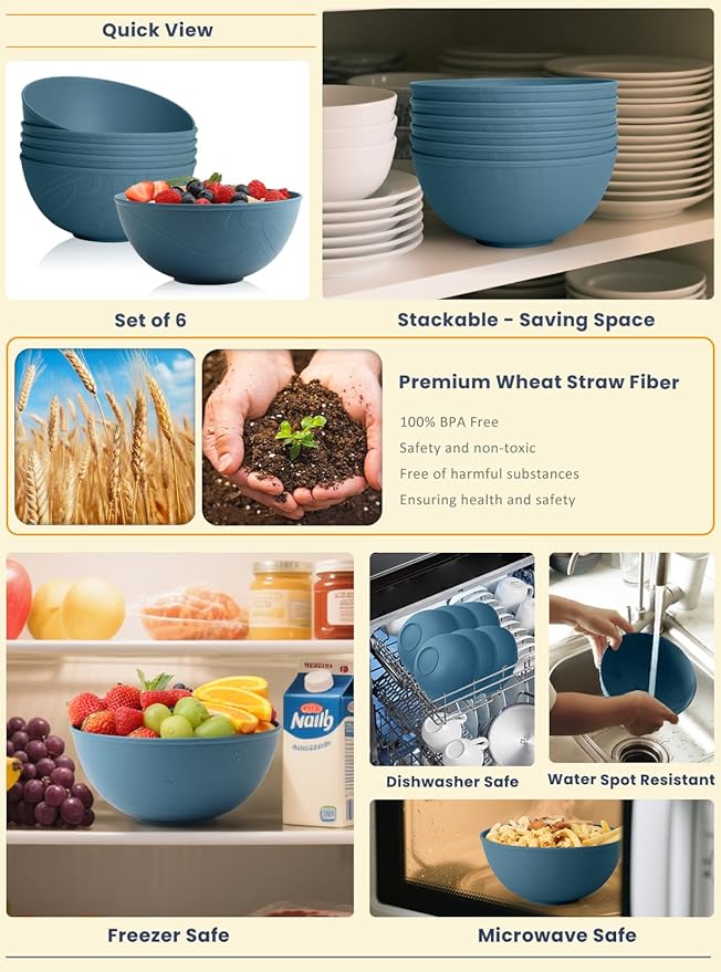 Homienly 14-Piece Premium Wheat Straw Dinnerware SetsLightweight and Unbreakable Plates and Bowls Sets - Plates Bowls for KitchenDishwasher and Microwave Safe Dishes Set - Blue