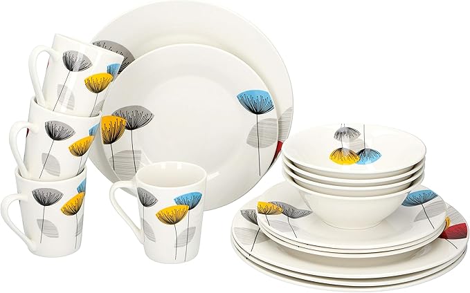 Alpina 16-Piece Ceramic Dinnerware Set - 4 People - White Yellow Blue - Floral Pattern - Microwave &amp Dishwasher Safe