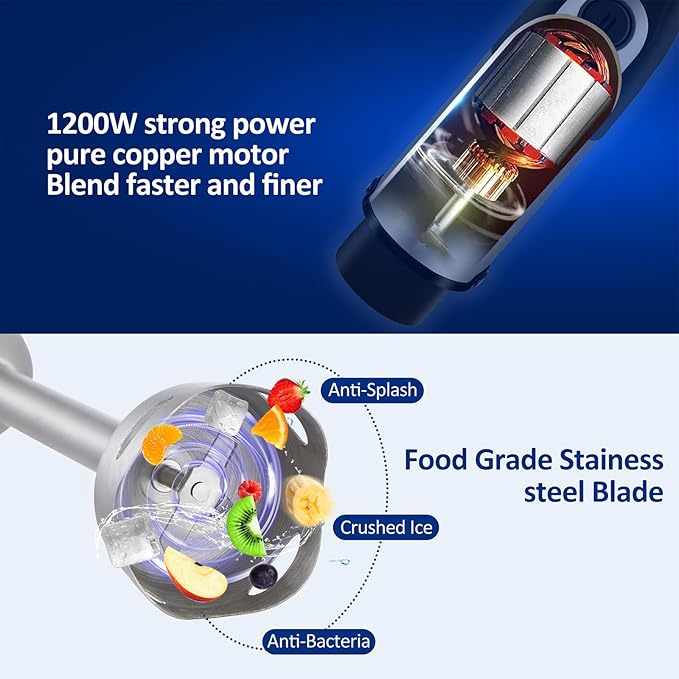 Cordless Immersion Mixer Handheld Immersion Blender With 500ml Mixing Beaker 1200W Strong Power and 6 Gear Speed Adjustable Detachable Design and Easy To Cleaning for Make Shakes Smoothies