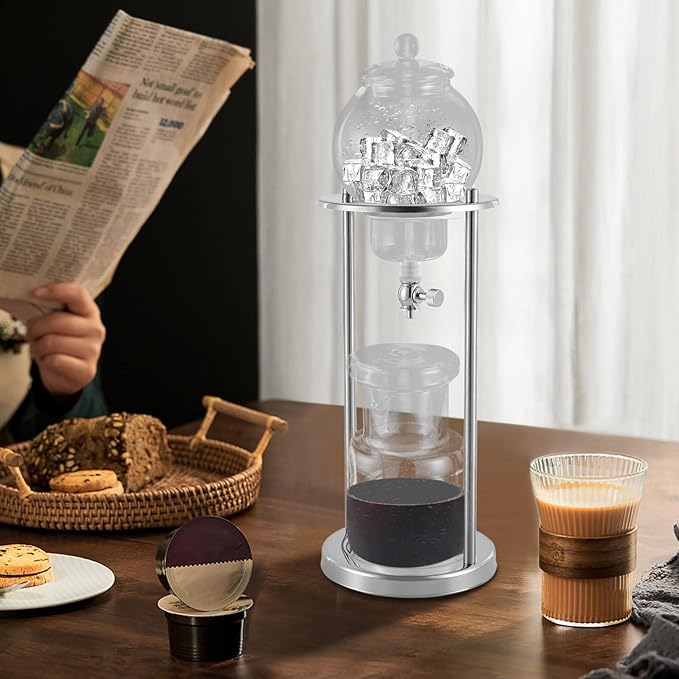 Luxury Ice Cold Brew Dripper Coffee Maker in Stainless Steel and Borosilicate Glass Cold Brew Coffee Makers For Home Coffee Shops 600 ml Silver