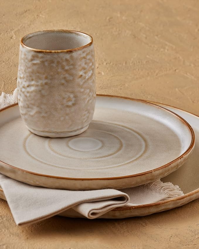 Stone by Mercer Project SHOSAI 16-Piece Stoneware Dinnerware Set Plates and Bowls Set Modern Dishware set fo 4 Sand