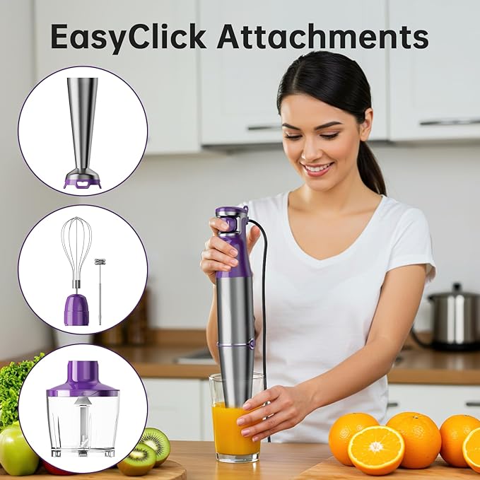 Immersion Blender Handheld Corded Hand Blenders Set 1100W Trigger Variable Speed 5 in 1 Stick Emulsifier with Chopper Whisk and Frother for Soup Baby Food and Smoothies Purple