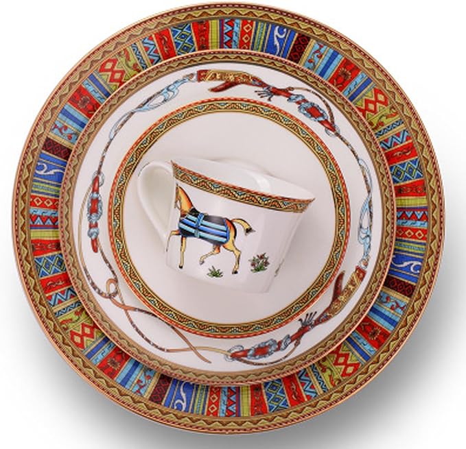 European Style Dinnerware Set Service for 4 Bone China Dinnerware Sets Unbreakable Porcelain Dinner Sets Coffee Cup and Saucer Tableware Set Steak Dinner Plates Dish Set horse-03