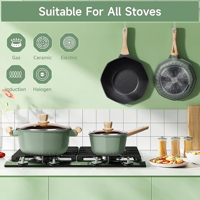 RealCool Pots and Pans Set Non Stick 8 Pieces Induction Cookware Octagon Nonstick Kitchen Cookware Sets with Frying Pans/Casserole/Saucepan(PFOS PFOA Free)