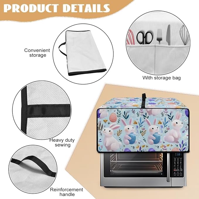 Bunny Flower Print Toaster Oven Dust Cover Easter Egg Printed Heavy Duty Toaster Smart Oven Cover with Side Pocket Kitchen Small Appliance Cover L