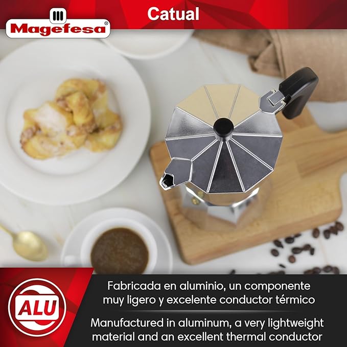 Magefesa Catual Italian 6-Cup Coffee Maker - Durable and Lightweight Aluminium - Suitable for All Hobs Except Induction - Ergonomic Handle - Even Heat