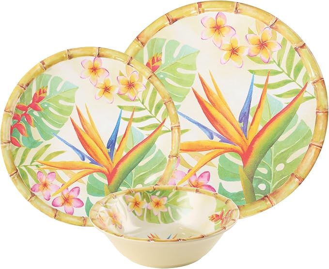 UPware 12 Piece Bird of Paradise Melamine Dinnerware Sets Outdoor Dishes Set Plates and Bowls Sets Service for 4 Multicolor