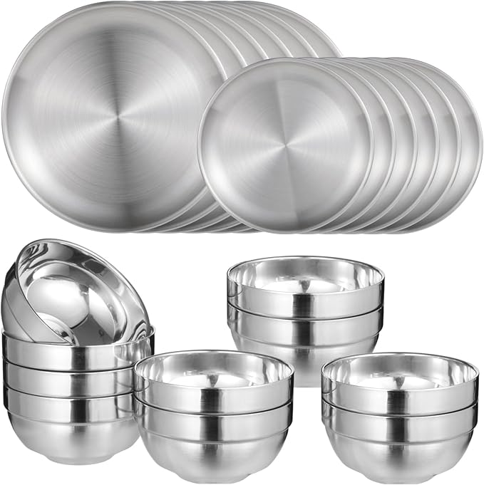 20PCS Stainless Steel Plates and Bowls Sets Includes 10PCS 6.7 &amp 10.2 in Plates 10 Pieces Bowls 304 Reusable Camping Mess Kits for Home Kitchen Dorm and Outdoor Picnic (Silver-A)