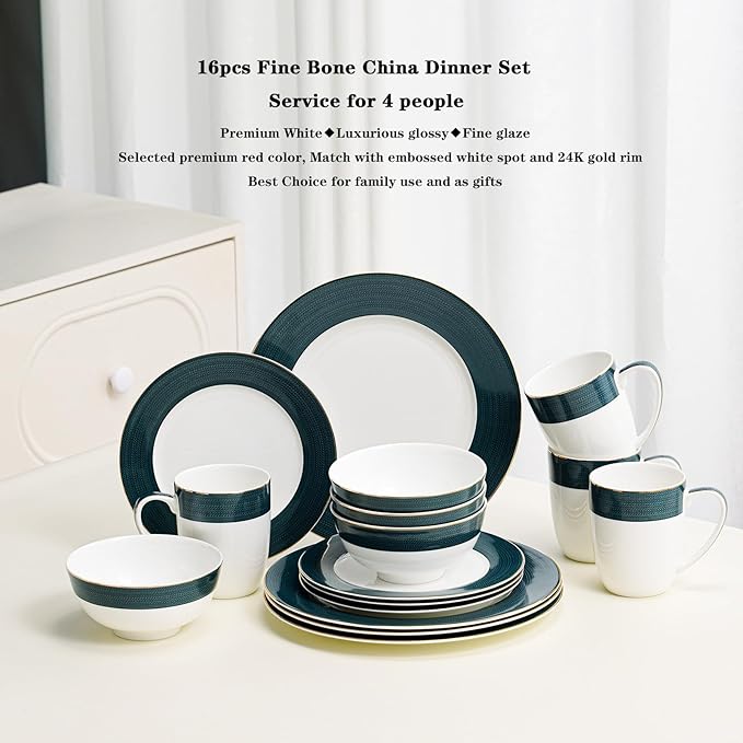16-Piece Fine Bone China Dinnerware Set Dinner PlatesBowls and Mugs Set Dishware Set for 4 With Selected Christmas Premium Red and Green pattern White Embossed Spot Ornament and Gold Rim
