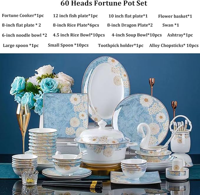 Blue Floral Bone China Dinnerware Set 60 Pieces Perfect For Wedding Or Housewarming Plate Set
