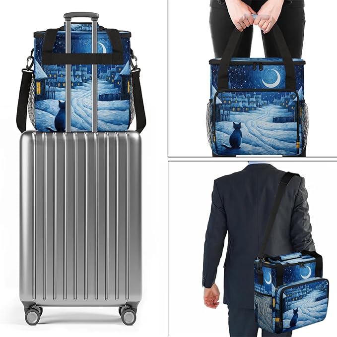 Winter Village Cat Coffee Maker Travel Bag for Keurig K-Mini/K-Mini Plus Insulated Waterproof Tote with Pockets for K-Cup Portable Single-Serve Brewer Case