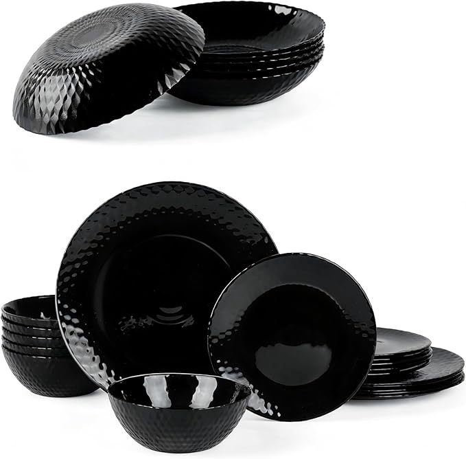 Dinnerware Sets Light &amp Durable 18 Pieces Opal Glass Plates and Bowls Set Dishwasher and Microwave Safe Dish Dinning Ware Thin but Strong Geometric Faceted Black