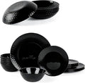Dinnerware Sets Light &amp Durable 18 Pieces Opal Glass Plates and Bowls Set Dishwasher and Microwave Safe Dish Dinning Ware Thin but Strong Geometric Faceted Black