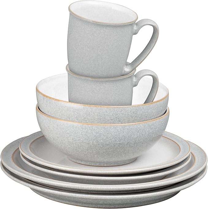Denby - Elements 8 Piece Dinner Set For 2 - Light Grey Dishwasher Microwave Safe Oven Proof Plate &amp Bowl Set - 4 x Lunch Plates Dinner Plates Cereal Bowls &amp Coffee Mugs - Chip Resistant T