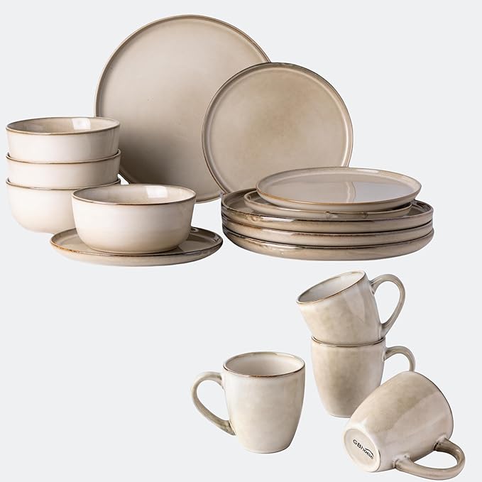 GBHOME Ceramic Dinnerware Sets for 4 16 Pieces Stoneware Plates and Bowls Sets Chip and Scratch Resistant Dishes Dishwasher &amp Microwave Safe Reactive Glaze-Cappuccino