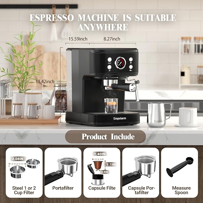 Espresso Machine 20 Bar Latte Coffee Makers 2 IN 1 Professional Cappuccino Machine and Milk Frother Steam Wand Compatible for NS Original Capsules &amp2 Pack Shot Glasses Measuring Cup 2oz Es