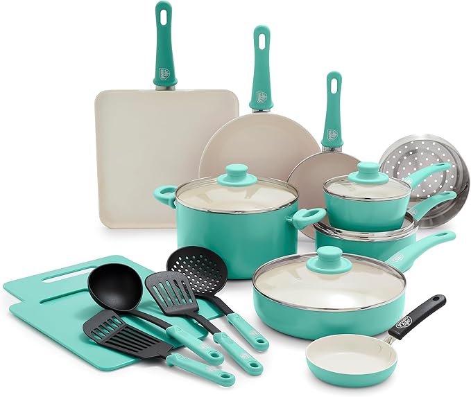 GreenLife 7 and 10 Frying Pan Skillets 2 Cutting Boards and 6QT Slow Cooker Versatile Kitchen Essential Set Healthy Ceramic Nonstick PFAS &amp PFOA-Free Dishwasher Safe Turquoise
