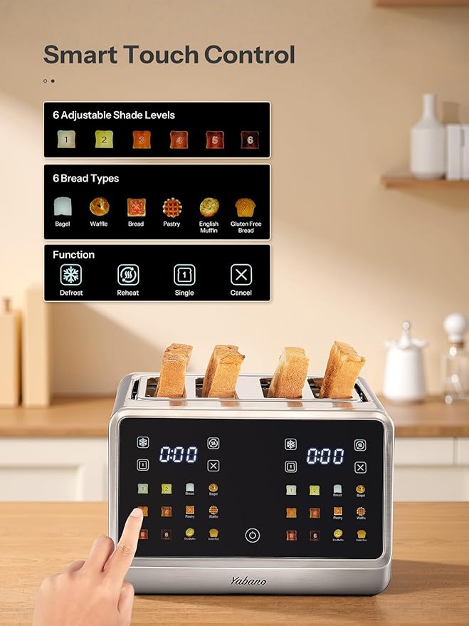 Yabano 4-Slice Toaster with Smart Touch Control 6 Shade Levels &amp 6 Bread Settings Extra Wide Slot for Bagels/English Muffins Compact Design with Removable Crumb Tray