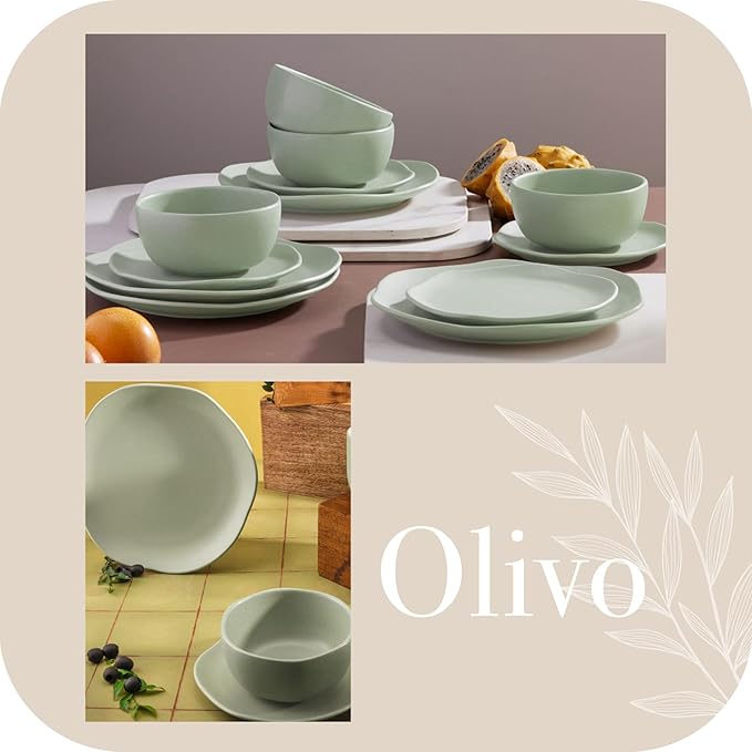 Corona Olivo ceramic dinnerware Set 12–piece Plates and Bowls Sets for 4 organic shape light green.
