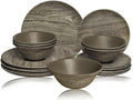 TP 18-Piece Dinnerware Set Melamine Dishes Set with Bowls and Plates Service for 6 Non-breakable Lightweight Dining Tableware Grayish-brown Wood Grain