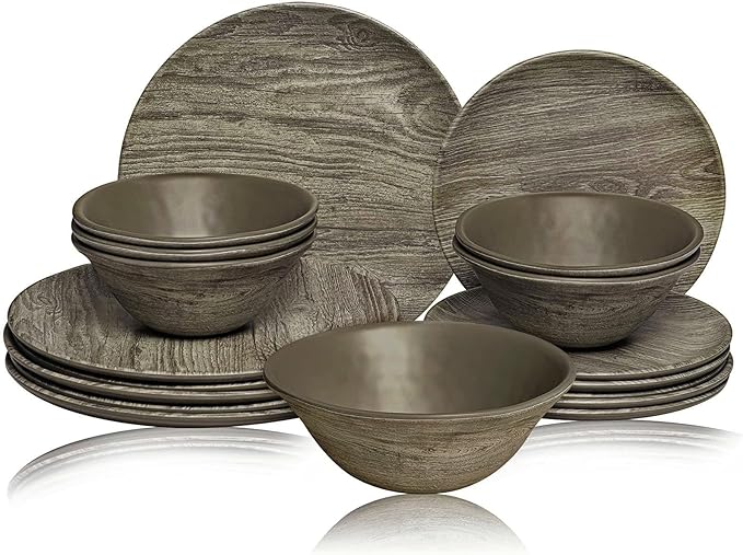TP 18-Piece Dinnerware Set Melamine Dishes Set with Bowls and Plates Service for 6 Non-breakable Lightweight Dining Tableware Grayish-brown Wood Grain