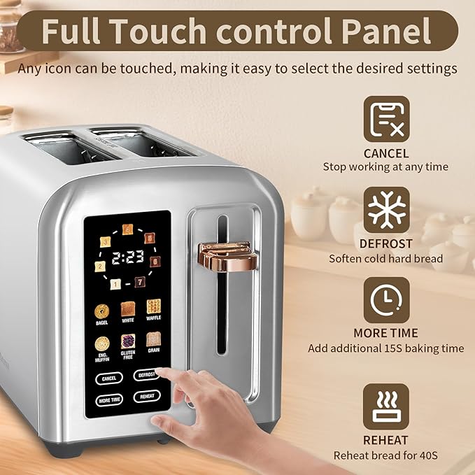 SEEDEEM Toaster 2 Slice Full Touch Control Stainless Toaster LCD Display 50% Faster Heating Speed 6 Bread Type 7 Shade Setting 1.5''Wide Slots Removable Crumb Tray 1350W Silver Metallic