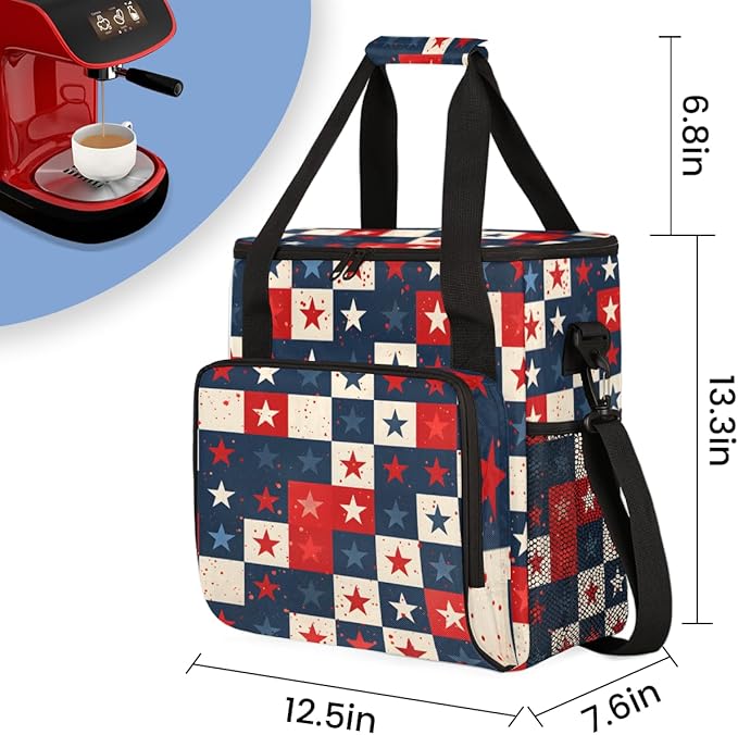 Glittering Stars 4th of July Coffee Maker Carrying Bag Travel Storage Bag Compatible with K-Mini or K-Mini Plus Single Serve Coffee Brewer Carrying Case with Multiple Pockets &amp Shoulder Strap