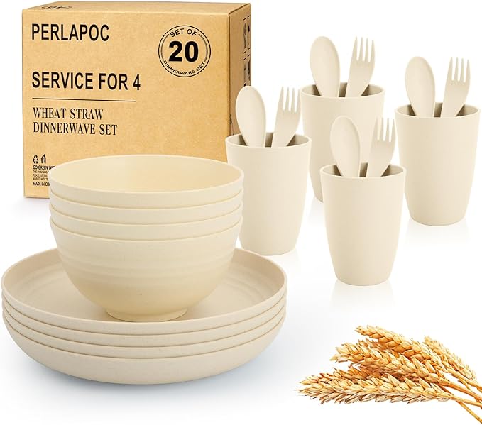 Kitchen Wheat Straw Dinnerware Sets for 4 Unbreakable Kids Dish Set 20 PCS - Dinner Plate/Cereal Bowl/Cup/Fork/Spoon for Outdoor Camping RV Apartment Essentials - Beige