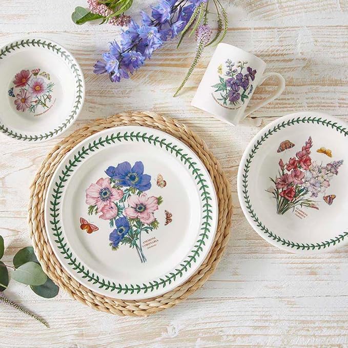 Portmeirion Botanic Garden 4 Piece Dining Set – Floral Earthenware Dinnerware Blooms – Includes 10.5 Dinner Plate 8.3 Salad Plate 6.5 Bowl &amp 12 Oz. Mug – Dishwasher Safe Tableware Essentials