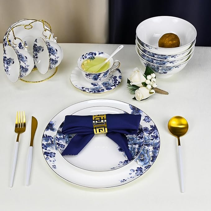 Fine Bone China Dinnerware Set for 4 12-Piece Blue and White Porcelain Dinnerware Set (Blue)