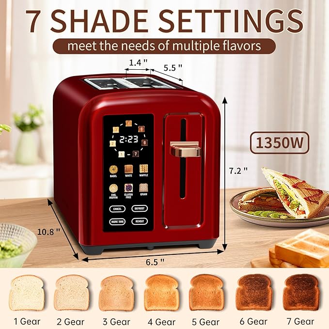 SEEDEEM Toaster 2 Slice Touch Control Stainless Toaster LCD Display 50% Faster Heating Speed 1.4'' Wide Slots More Timer Functions Removable Crumb Tray 1350W Dark Cherry