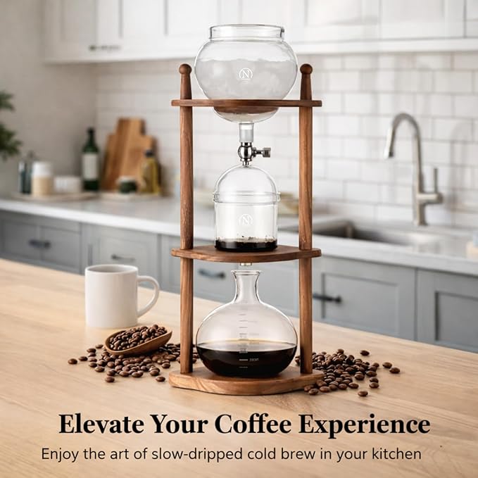 Nispira Cold Brew coffee Maker Ice Coffee Drip Machine with Advanced Slow Drip Technology Borosilicate Glass with Wood Tower 6-8 Cup Brown