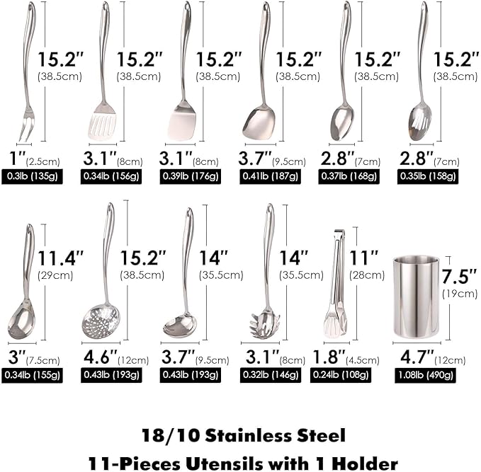 18/10 Stainless Steel Kitchen Utensils Set with Holder - 15″ Spatula Spoon Set with Storage Organizer for Countertop Fork Tongs Spatula Ladle Skimmer Turner Spaghetti Large Spoon Set of 12