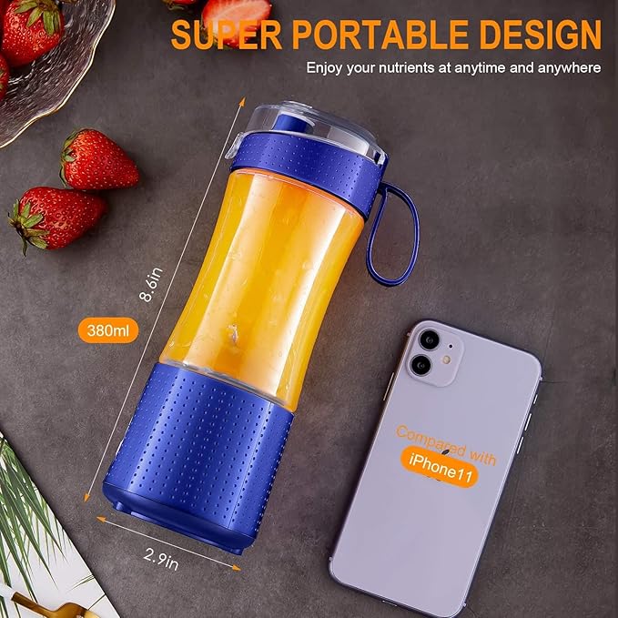 Portable Blender Vaeqozva USB Rechargeable Smoothie on the Go Blender Cup with Straws Protein Shakes Fruit Mini Mixer for Home Sport Office Camping - Navy Blue