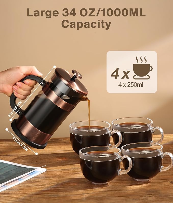 French Press Coffee Maker - 34 Ounce Classice Stainless Steel Coffee Press with 4-Level Filtration System Heat Resistant Thickness Borosilicate Glass French Press Coffee Pot for Camping Travel Gift