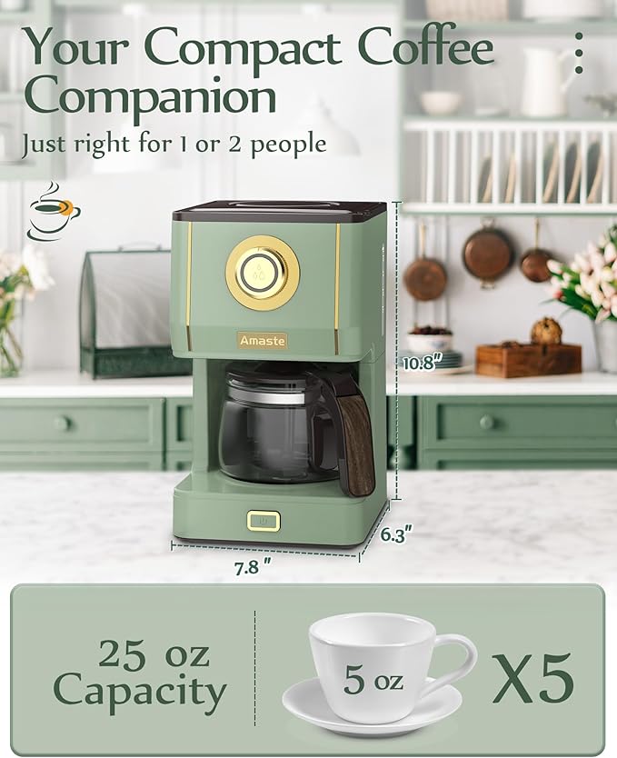 Amaste Drip Coffee Maker Coffee Machine with 25 Oz Glass Coffee Pot Retro Style Coffee Maker with Reusable Filter &amp Three Brewing Modes Warming Plate Matcha Green