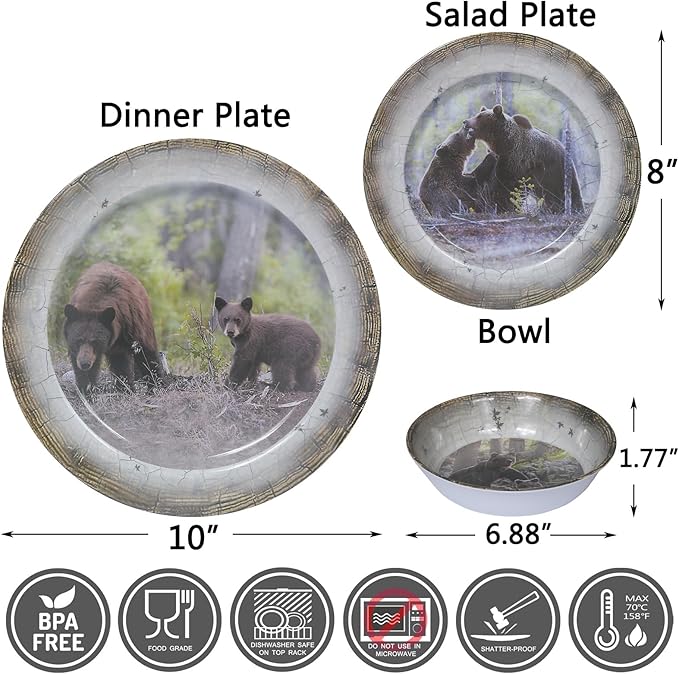 Melamine Dinnerware set for 4 - Dinner Plates Bowls Set 12 PCS Durable BPA Free Dishwasher Safe Shatter-Proof Chip Resistant for Indoor OutdoorBear