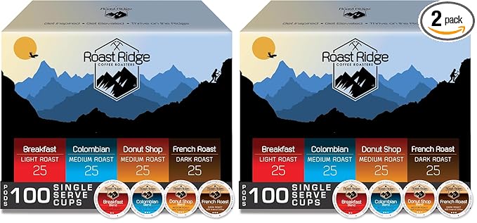 Roast Ridge Serve Coffee Pods for Keurig K-Cup BrewersVariety PackLight RoastMedium-RoastDark-Roast(25 each: Breakfast BlendDonut ShopFrench-RoastColombian)100 Count (Pack of 2)