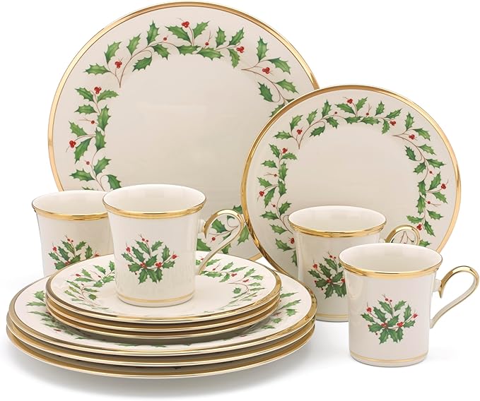 Lenox Dinnerware Set Holiday 12-Piece Set Service For 4 Porcelain Plate Berry Motif With 24-Karat Gold Accents Christmas Dinner Plates Salad Plates And Mugs Dishwasher Safe (Assorted 12 Piece)